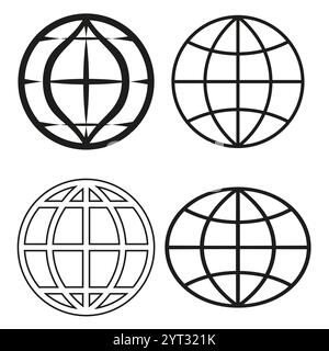 Globe icons collection. Black and white vector. Geometric grid shapes. Abstract global symbols. Stock Vector