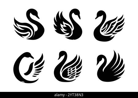 A collection of six unique black swan silhouettes featuring stylized wings, presented as vector graphics. Stock Vector