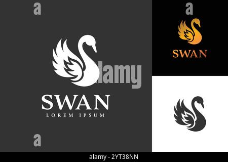 The image showcases a stylized swan logo design in three color schemes: white, black, and gold providing options for branding. Stock Vector