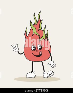 Dragon fruit retro character. Fictional character for cartoons. Cheerful toy and mascot. Template and layout. Back to 80s and 90s. Flat vector Stock Vector
