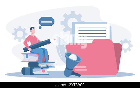 Man add files. Young guy with pencil sits on file folder. Electronic storage and archive with digital documents. File management. Flat vector Stock Vector