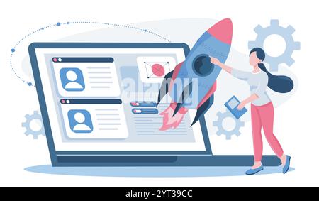 Business boost online. Woman with rocket near laptop. Promotion in social networks and Internet. IPO, initial public offering. Flat vector Stock Vector
