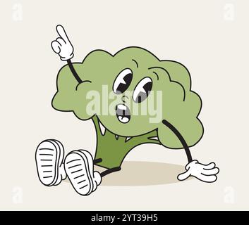 Broccoli retro character. Fictional character for cartoons. Toy and mascot for social media. Natural vegetable. Back to 80s and 90s. Flat vector Stock Vector