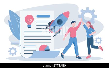 People starting project. Man and woman high five near contract and rocket. Colleagues and partners working on startup and business project. Teamwork Stock Vector