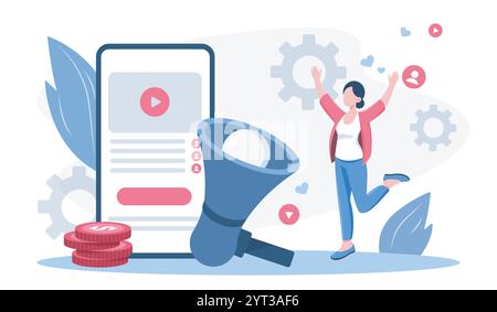 Social media marketing. Woman with loudspeaker near smartphone. Electronic commerce, advertising and promotion in social media. Flat vector Stock Vector