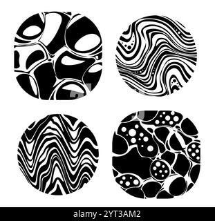 Psychedelic trippy figures set. Geometric groovy pattern and ornament. Blob and fluid. Abstract minimalistic creativity and art. Linear vector Stock Vector