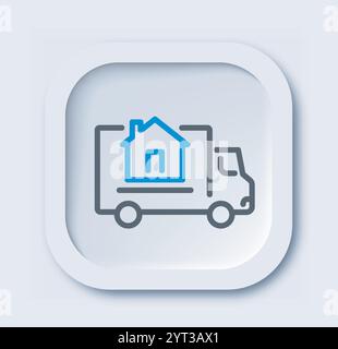 Repair linear icon. Truck with blue home. Imigration and relocation. Minimalistic ui and ux design for website. Outline vector illustration Stock Vector