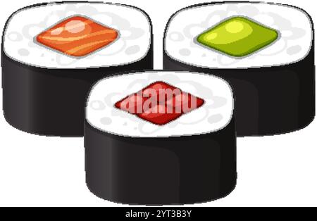 Three sushi rolls with vibrant toppings displayed Stock Vector