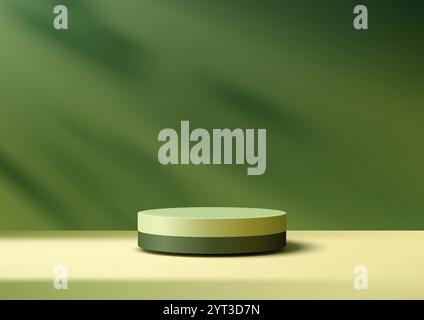 Showcase products with 3D green cylinder podium on a beige surface,  modern aesthetics with a nature inspired background of leaf shadows. Perfect for Stock Vector