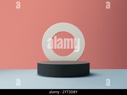 Minimalist 3D scene featuring a black cylinder podium and white ring set against a muted pink wall. Product display, mockups, and visual designs in el Stock Vector