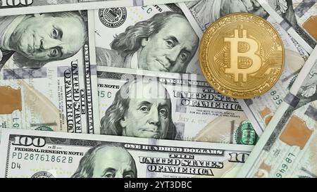 Bitcoin illustration on 100 dollar bills Stock Photo