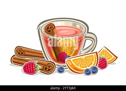 Vector logo for Fruit Tea, horizontal poster with cartoon design traditional tea composition, decorative sign board with pink gourmet tea in transpare Stock Vector