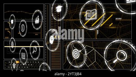 Image of digital icons and data processing over dark backgorund Stock Photo