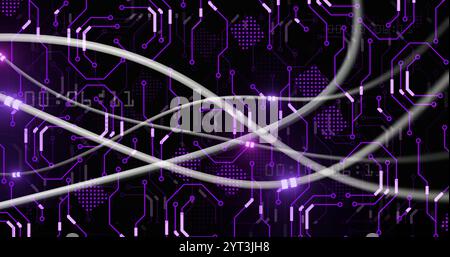 Image of digital data processing and glowing network of connections on dark background Stock Photo