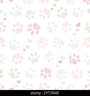 Pastel colored doodle paw prints and hearts seamless fabric design pattern Stock Vector