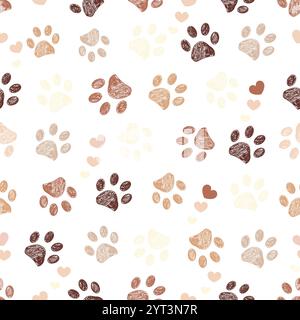 Brown colored doodle paw prints and hearts seamless fabric design pattern Stock Vector