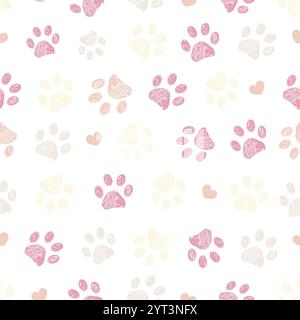Skin colored doodle paw prints and hearts seamless fabric design pattern Stock Vector