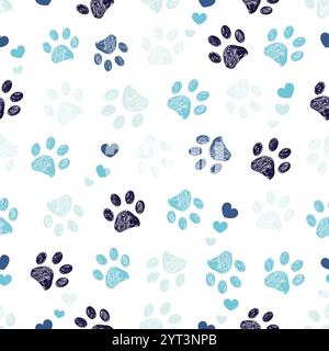 Blue colored doodle paw prints and hearts seamless fabric design pattern Stock Vector