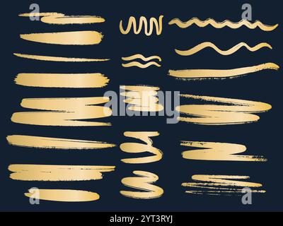 Gold texture brush strokes set. Golden grunge lines, spots, curve, wave - design elements, vector graphics. Hand drawn rough elements for background Stock Vector
