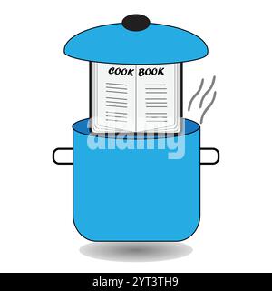 Blue pot with lid and a book inside with the text cook book Stock Vector