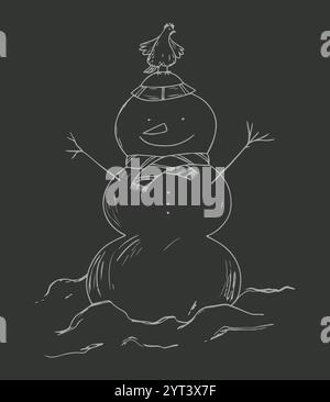 Line drawing of a snowman in a hat and scarf, with a chicken on his head. Design of cards for Christmas and New Year Stock Vector