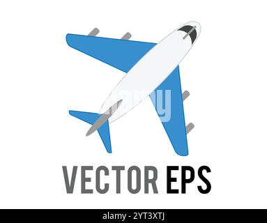 The vector white literal airplane flat icon with blue wings and engines, represent global air travel or flight mode Stock Vector
