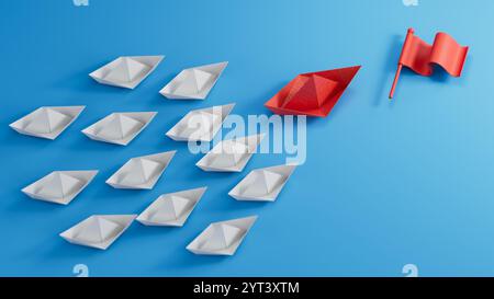 Paper boat are competing to destination. Business Financial concept are competition for success and corporate goal. start up.3D rendering on blue back Stock Photo