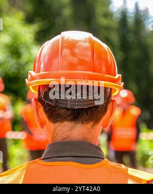 Helmet builder, hardhat for work. Professional team and portrait of an engineer standing in a group, industrial factory. Working together. Worker Stock Photo