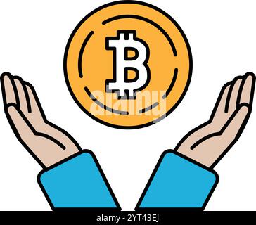 A hand holding a coin with the letter B on it. Concept of security and trust, as if the person holding the coin is protecting it from harm. The use of Stock Vector