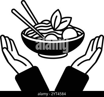 A hand is holding a bowl of noodles with a green leaf on top. The bowl is filled with noodles and meatballs Stock Vector