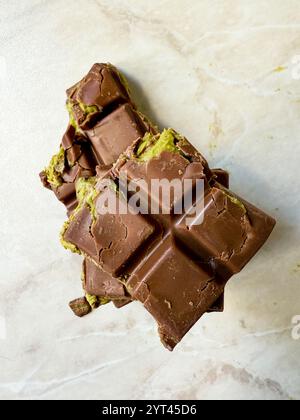 Dubai Chocolate bar with kadayif and pistachio. ready to eat trendy food. Stock Photo