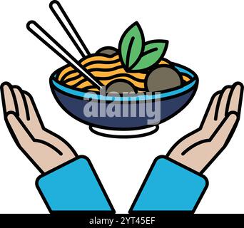 A hand is holding a bowl of noodles with a green leaf on top. The bowl is filled with noodles and meatballs Stock Vector