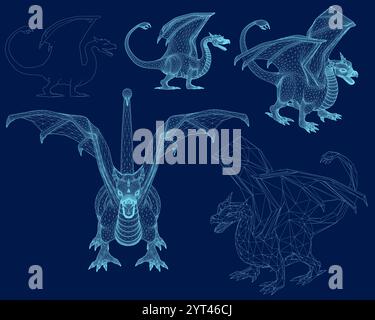 Dragons Set wireframe Illustration, Fantasy Stencil, Mythical Creature Vector, Tattoo Designs Clipart Stock Vector