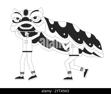 Lunar New Year lion dancers black and white 2D line characters Stock Vector