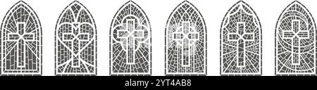 Gothic church glass window. Catholic cathedral vector frames with cross. Medieval stained castle architecture Christian design mosaic decoration on Stock Vector