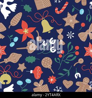 Holiday Christmas doodle elements seamless pattern on blue. Cute flat gingerbread, winter flowers, bells for card, banner, wrapping paper design. Stock Vector