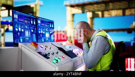 Unhappy Engineer Operator In Trouble At Cargo Export Shipping Port Stock Photo