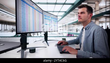 Data Analyst Man Using Spreadsheet On Computer Stock Photo
