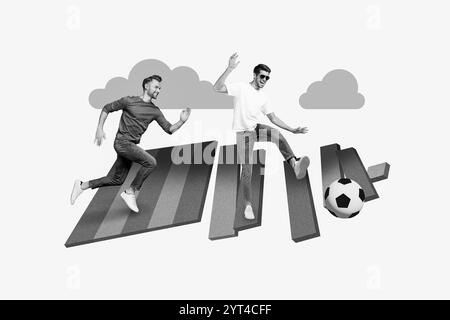 Creative collage picture of two excited sportive guys black white gamma running kick football isolated on painted background Stock Photo