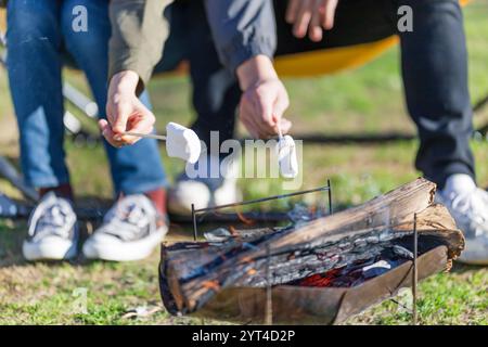 Man and woman roasting marshmallows Stock Photo