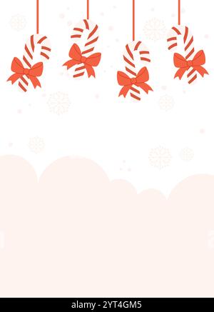 Festive Poster template featuring hanging striped candy canes with red bows, snowflakes, and a soft peach background with blank space. Stock Vector