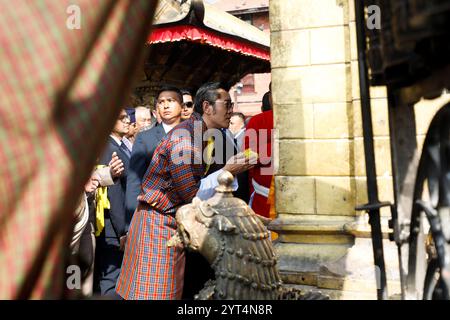 Kathmandu, Bagmati, Nepal. 6th Dec, 2024. Bhutanese King Jigme Khesar Namgyel Wangchuk is pictured inside the premises site of Swayambhunath Stupa, a UNESCO World Heritage Site during his short visit to Nepal on December 6, 2024. (Credit Image: © Aryan Dhimal/ZUMA Press Wire) EDITORIAL USAGE ONLY! Not for Commercial USAGE!/Alamy Live News Stock Photo