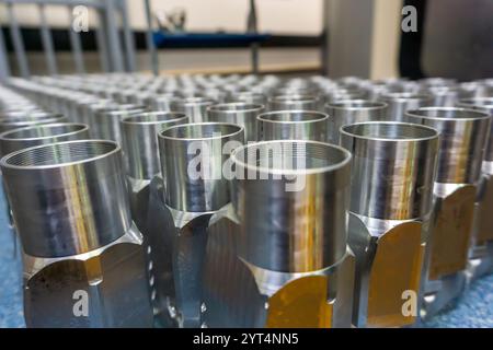 High-Precision Threaded Metal Components, Close-Up of CNC Machined Cylindrical Parts, Precision Machined Stock Photo