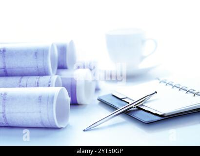 Blueprint and system notebook Stock Photo