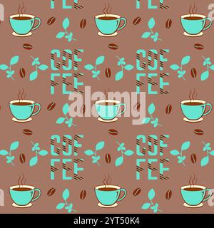 Coffee mugs with hot drink and coffee beans and letters seamless pattern on mocha mousse background. Vector illustration Stock Vector