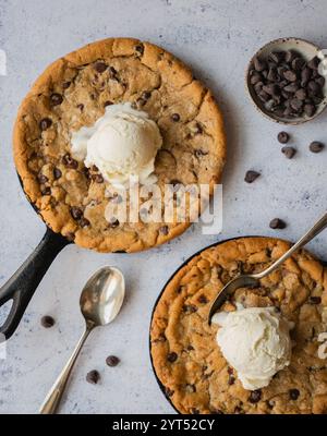 Close up of chocolate chip cookie skillets with ice cream. Stock Photo