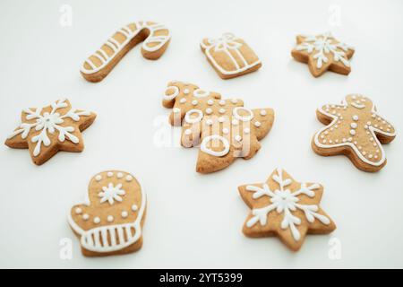 Gingerbread cookies on white background. Christmas cookie, winter holidays Stock Photo