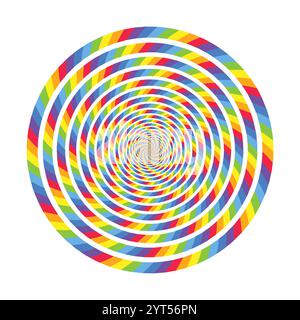 Spiral rainbow hypnotic swirl background, optical illusion of movement, vector illustration opt art style, colorful abstract geometric, multicolored p Stock Vector