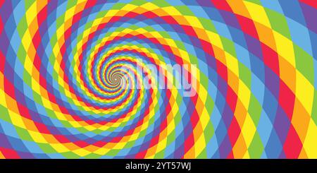 Spiral rainbow swirl background, optical illusion of movement, vector illustration opt art style, colorful abstract geometric, multicolored psychedeli Stock Vector