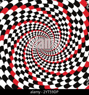 Speed racing checkered flag, spiral hypnotic swirl background, optical illusion movement, vector illustration opt art style, abstract geometric, psych Stock Vector